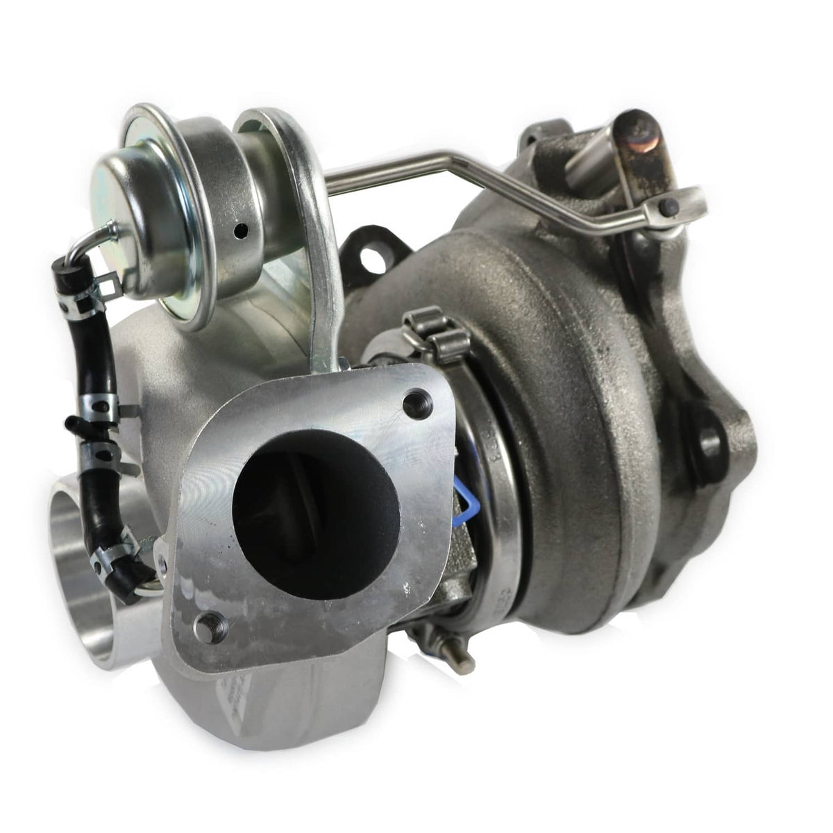 Turbocharger with cast exhaust flange, silver actuator canister, and oil lines