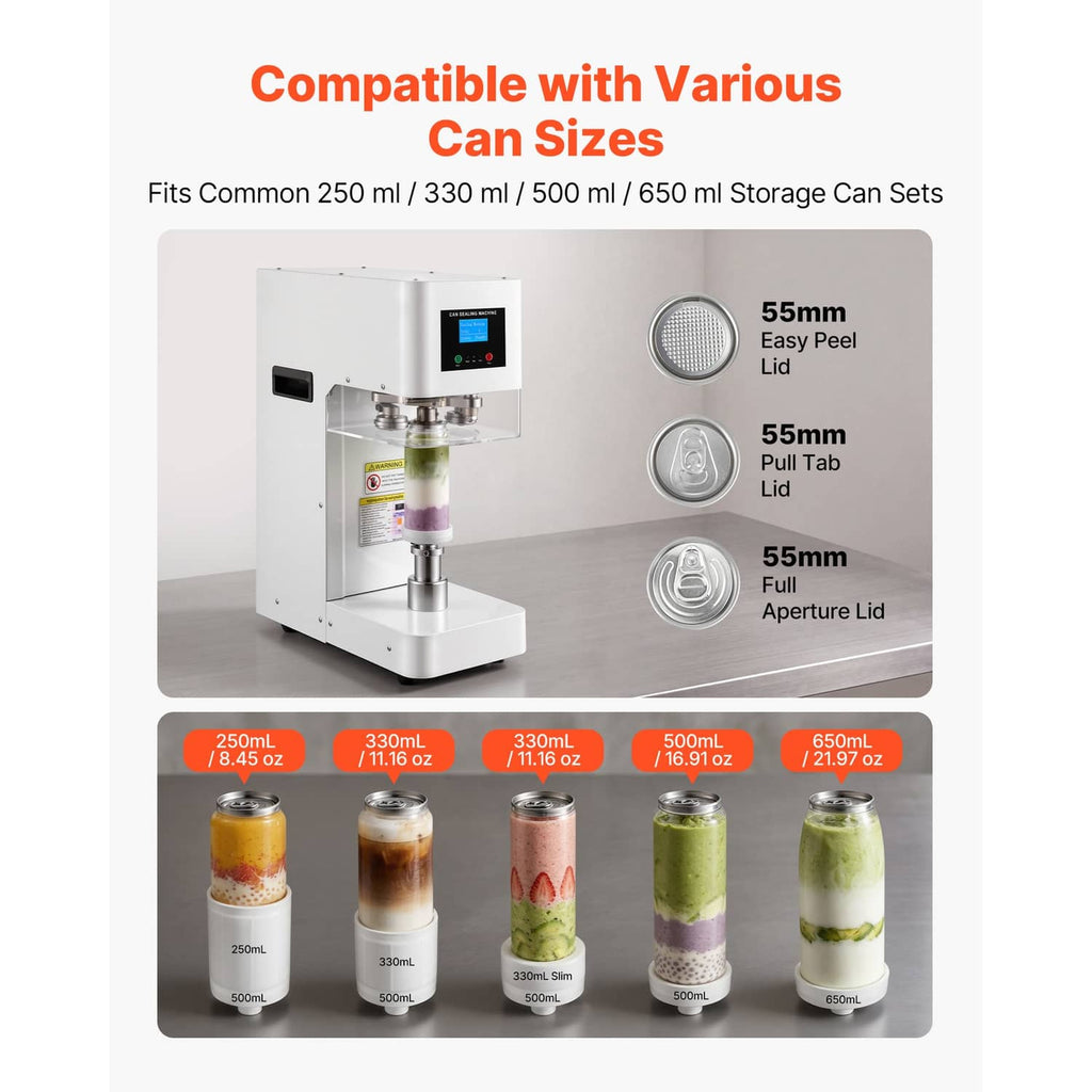 White automatic can sealing machine showing lid compatibility with sample containers.