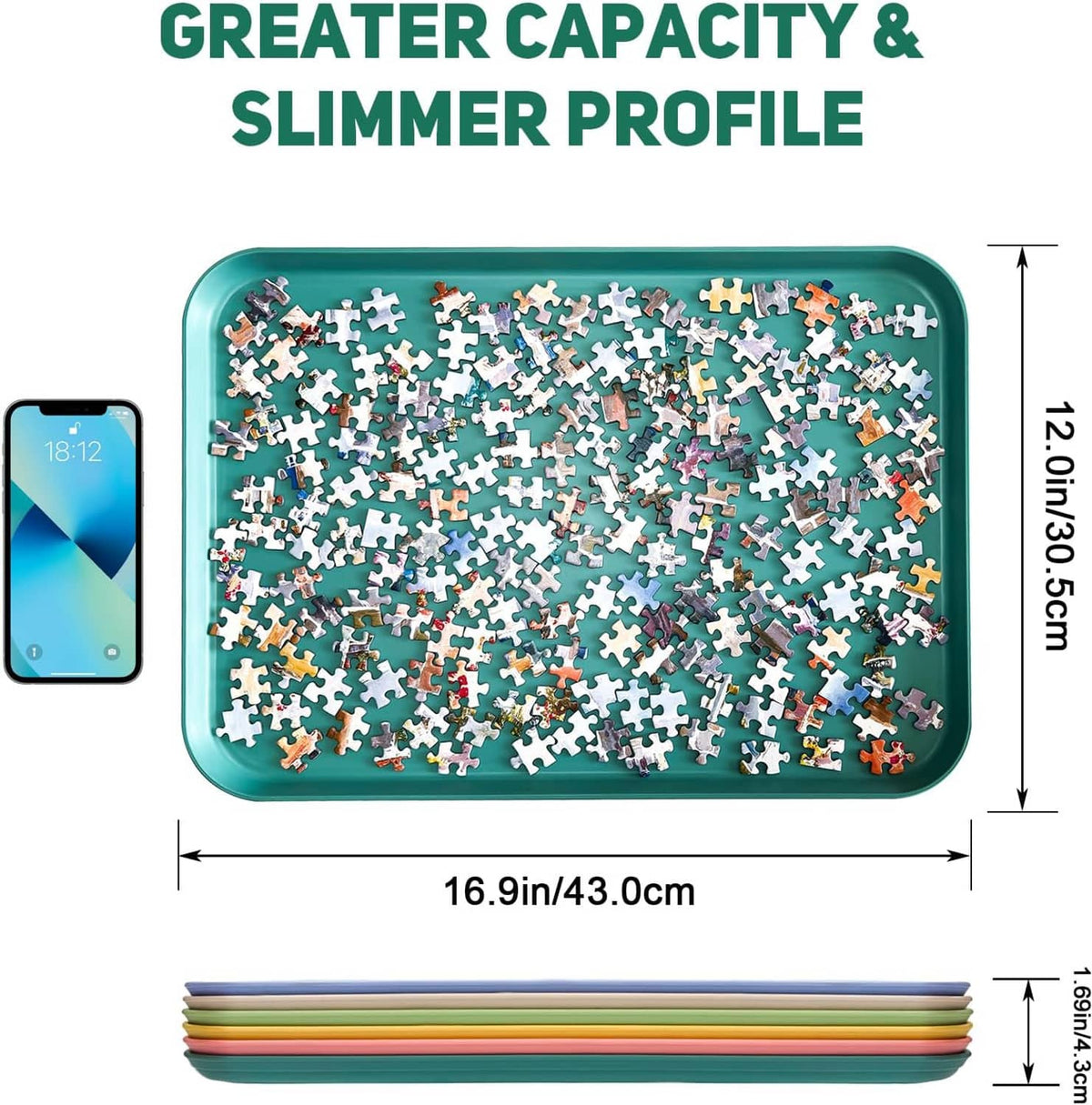 Extra-large puzzle sorting tray, teal rim, shows piece layout with size dimensions 16.9 in x 12 in