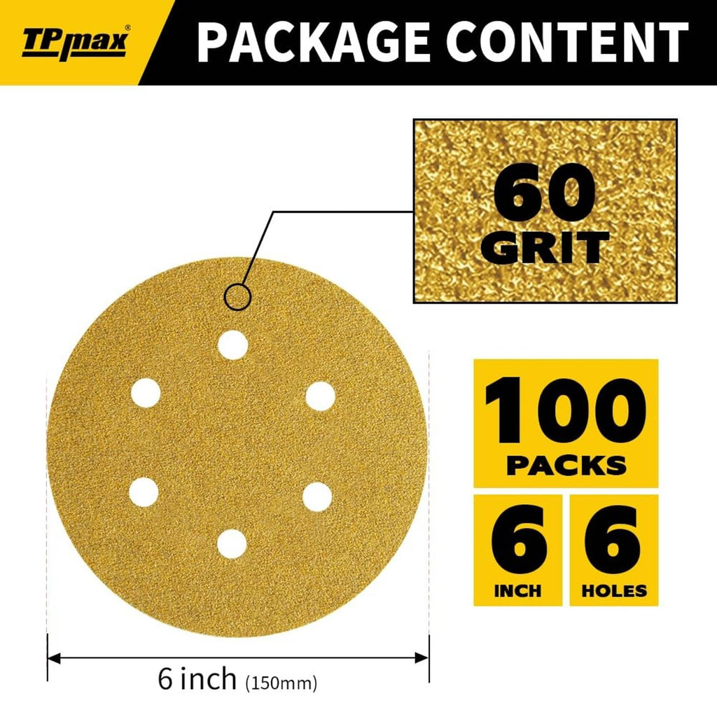 6-inch gold sanding disc with 60-grit label and 6-hole pattern; 100-pack shown