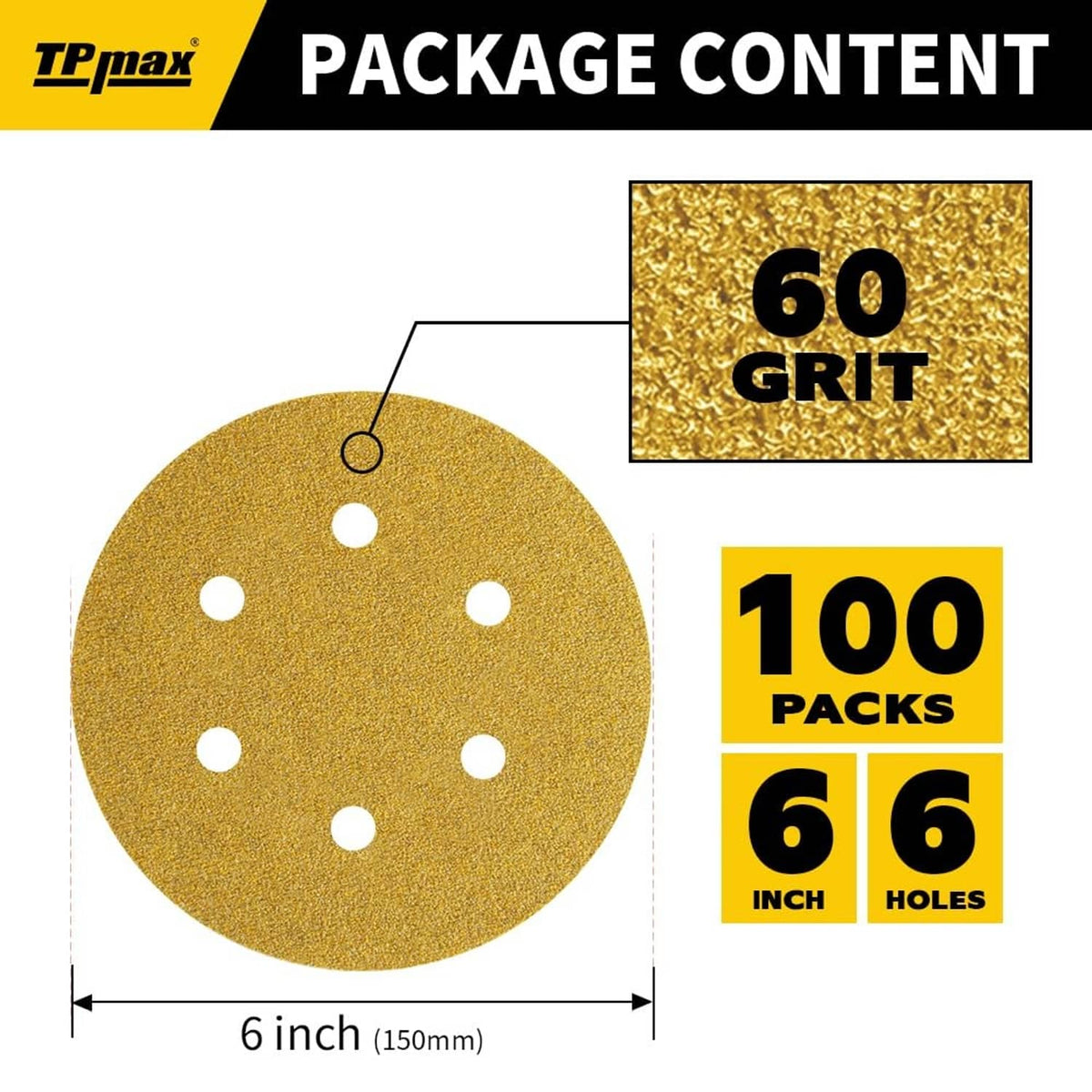 6-inch gold sanding disc with 60-grit label and 6-hole pattern; 100-pack shown