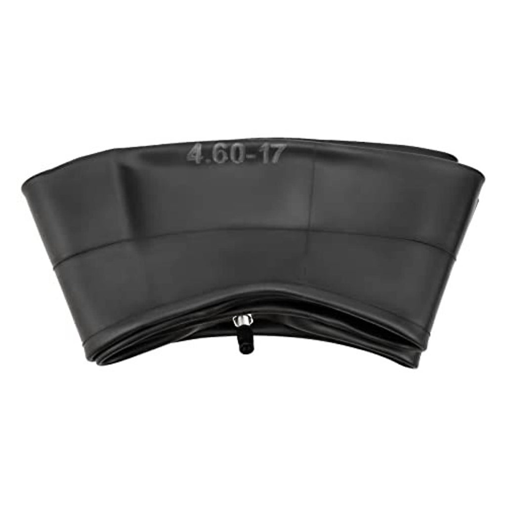 Black motorcycle inner tube underside view with 4.60-17 marking and valve