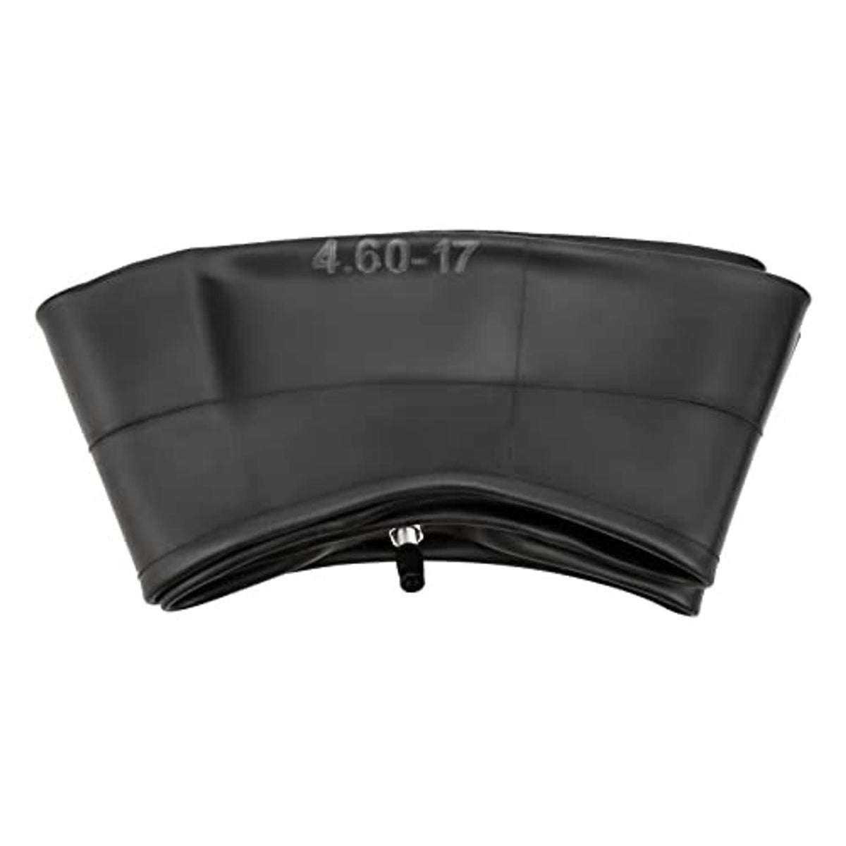 Black motorcycle inner tube underside view with 4.60-17 marking and valve
