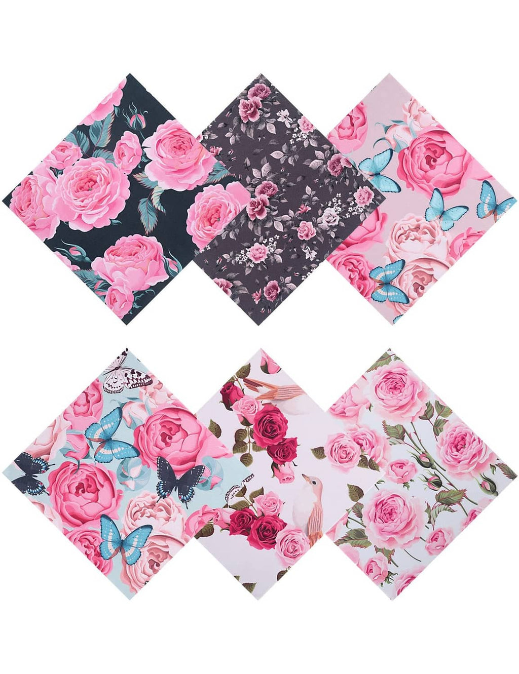 Set of 6 floral cleaning cloths with pink roses and butterflies, dark and light designs