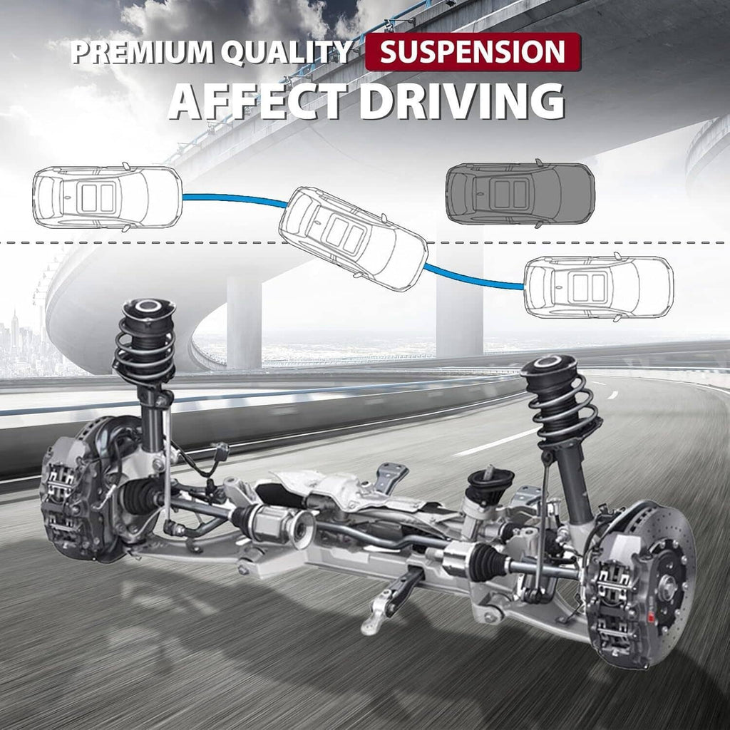 Suspension driving infographic with vehicle undercarriage illustration and shock components