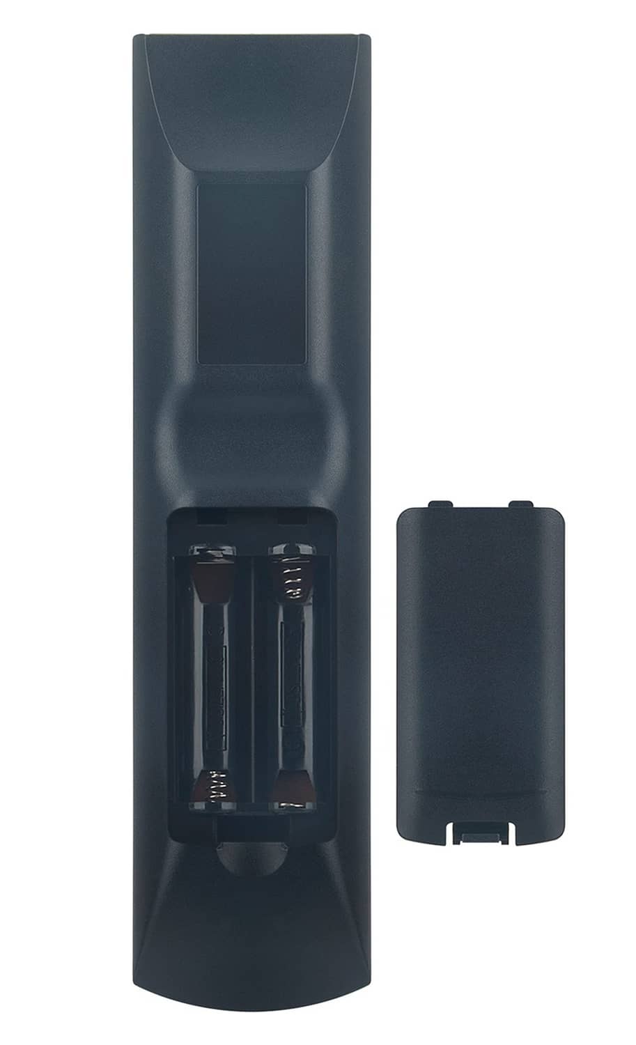 Black remote control with open battery compartment and metal contacts