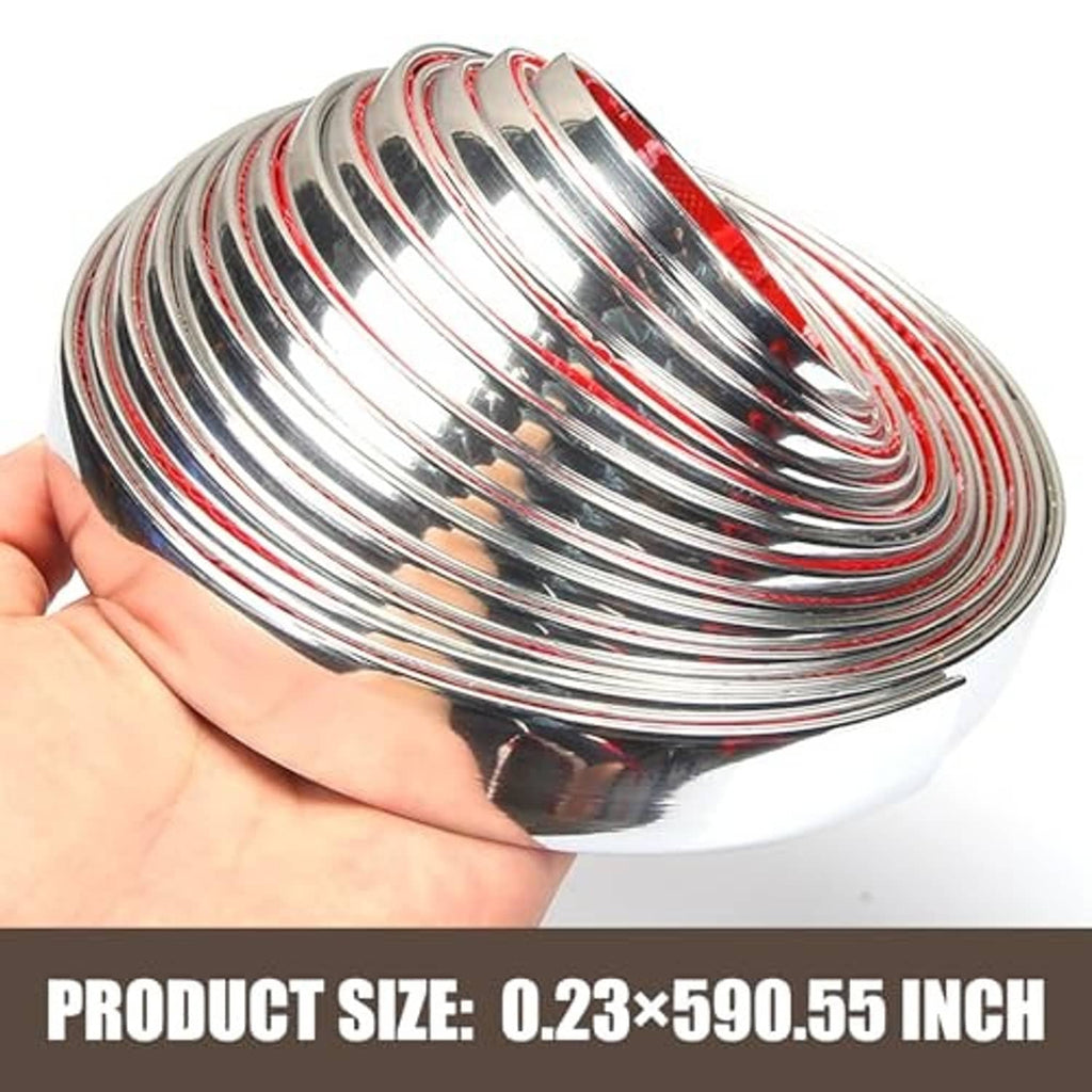 Coiled chrome car molding trim held in hand with red underside accents