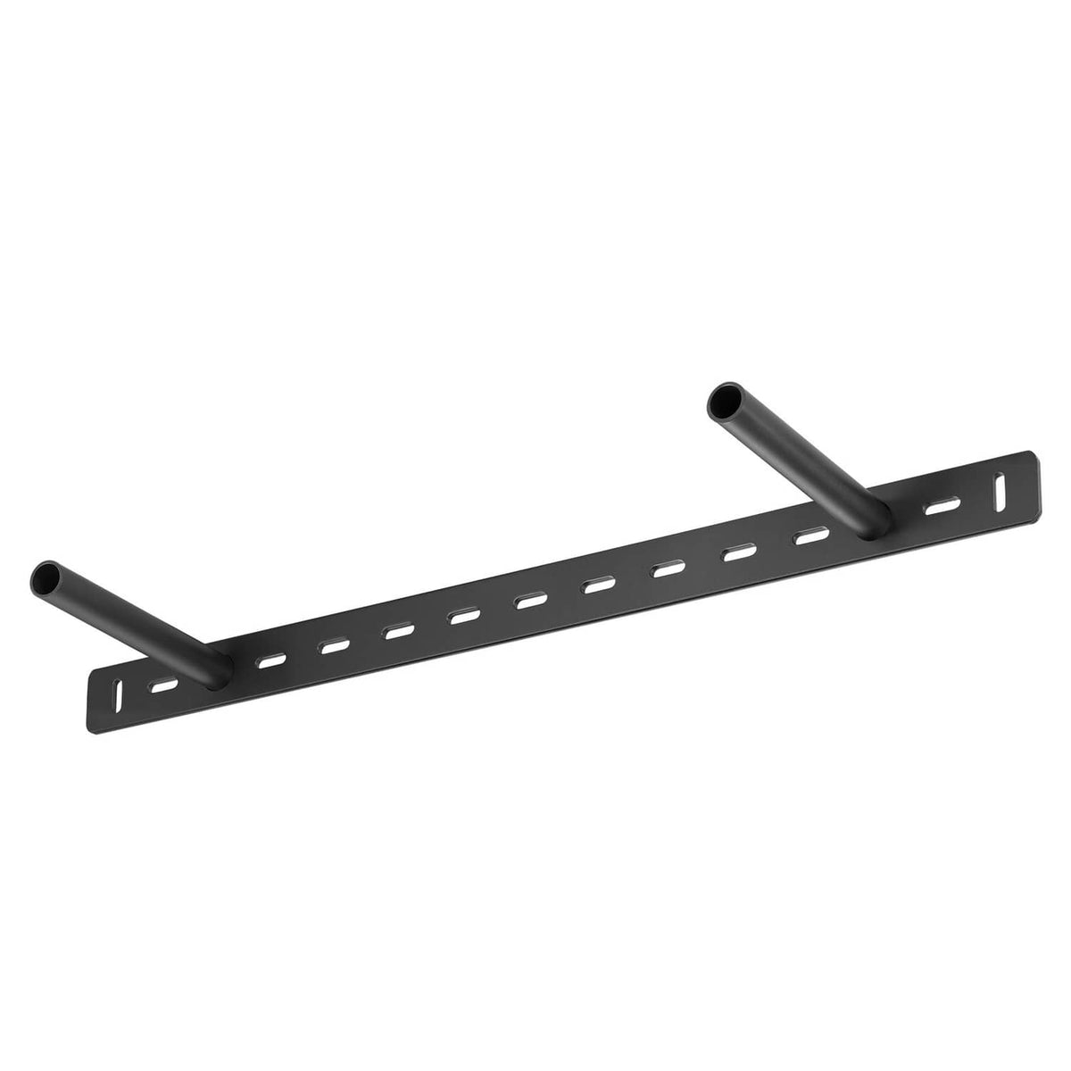 Floating shelf bracket, black perforated steel rail with two mounting tubes