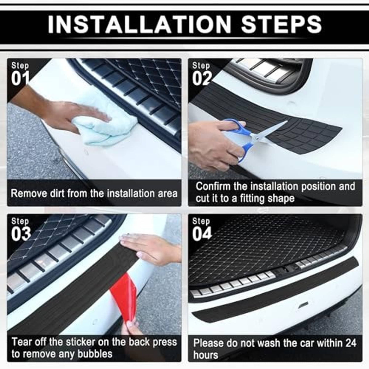 Black rear bumper protector strip shown being installed and trimmed to fit