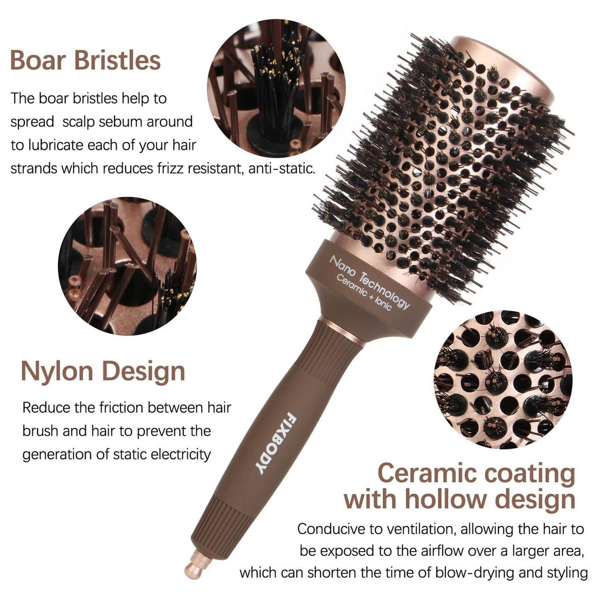 Round hair brush with dark bristles, brown handle, ceramic coating and nylon design callouts