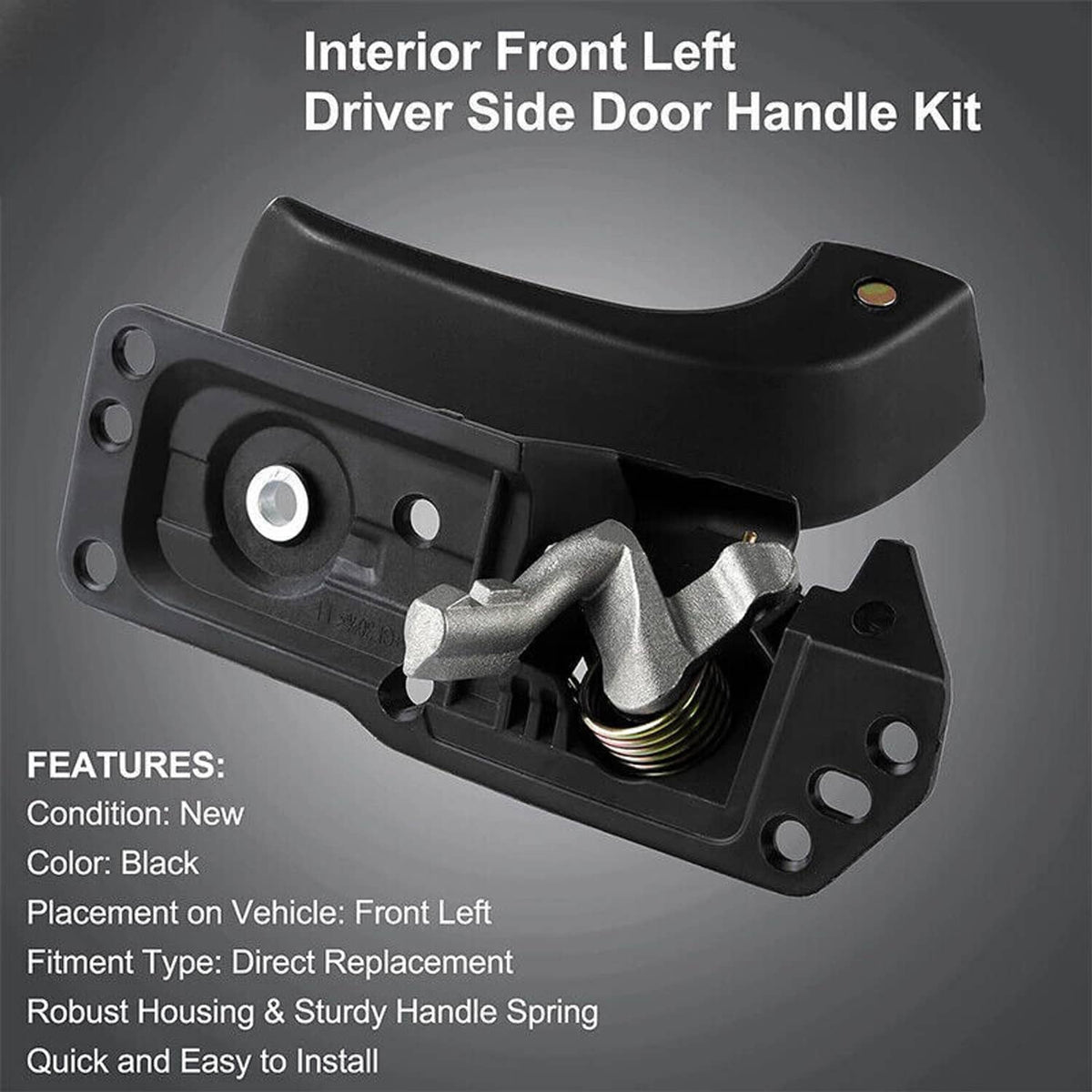 Black interior door handle repair kit with spring latch and mounting bracket.
