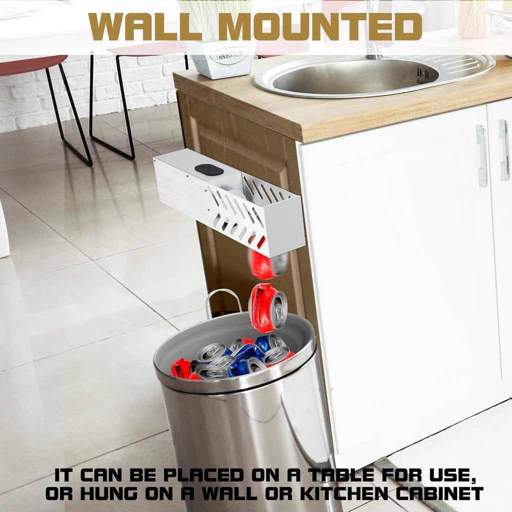 Wall-mounted electric can crusher with drop chute and black control switch