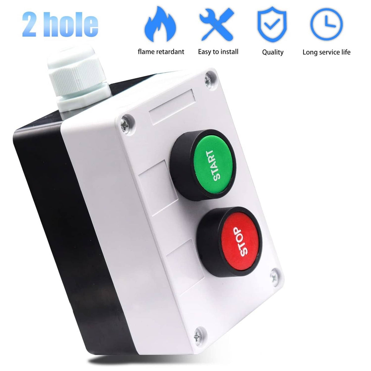 Wall-mount start/stop switch box with green START and red STOP push buttons