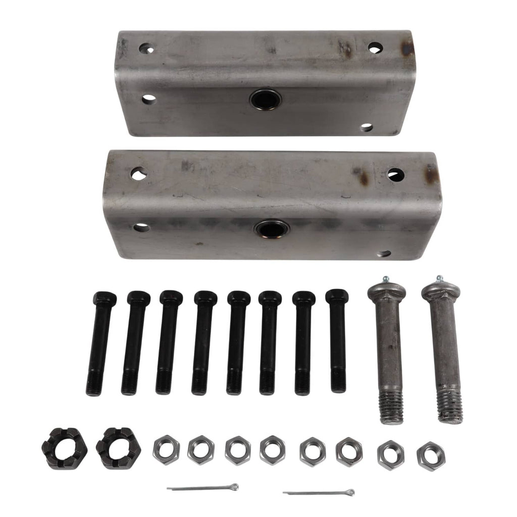 Two silver equalizer brackets with black bolts, hex nuts, and cotter pins