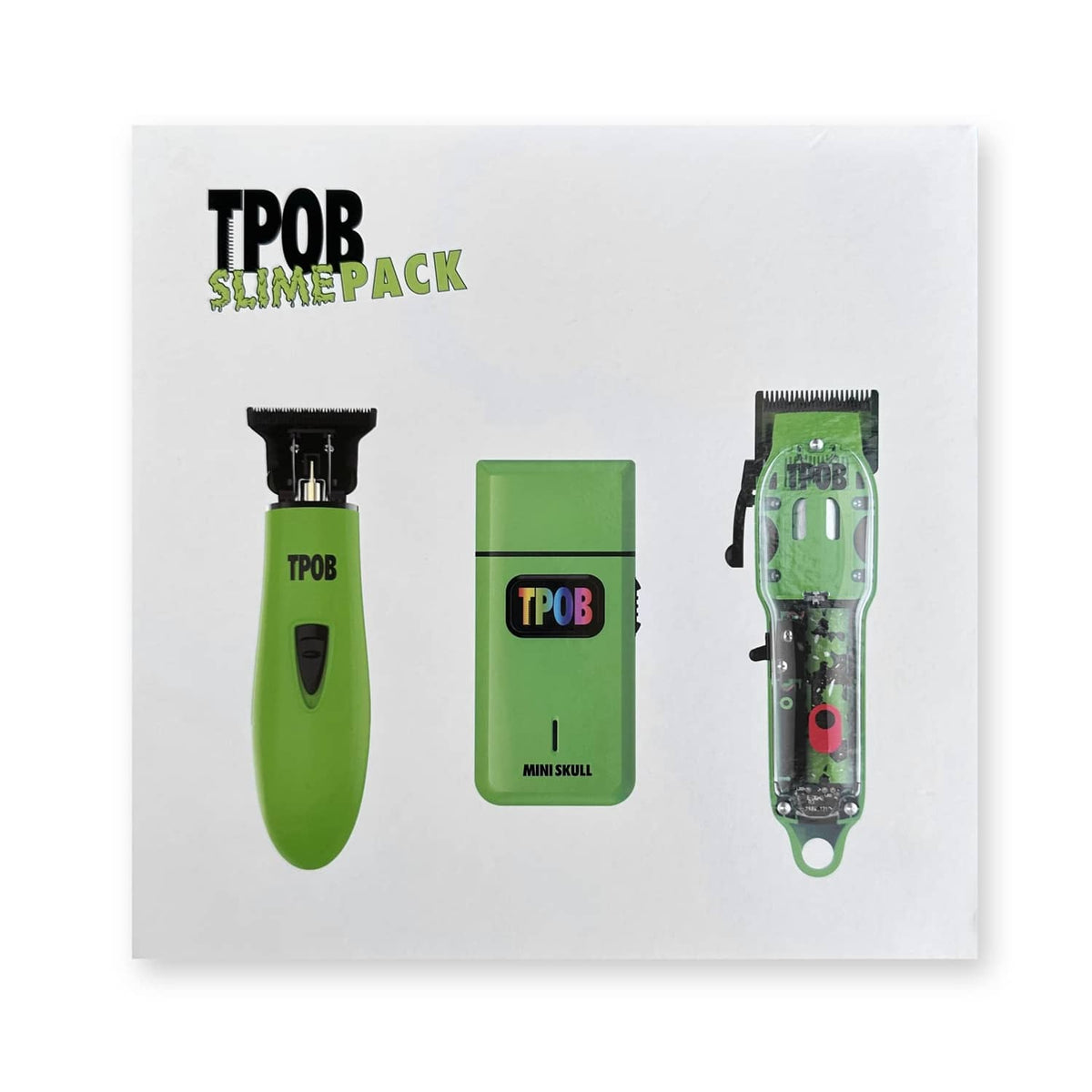 TPOB Slimepack hair clipper set printed on box: green trimmer and mini clipper