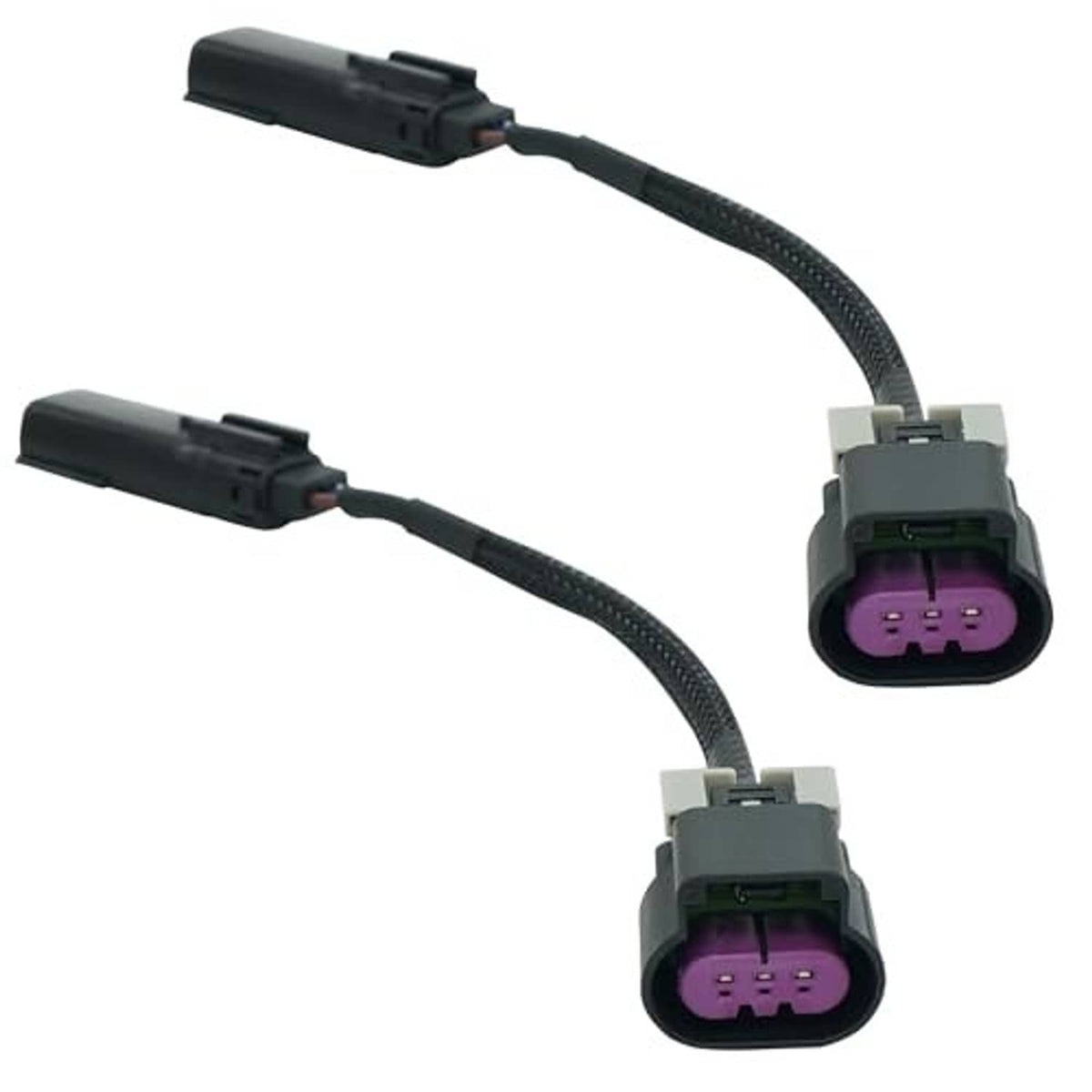 Headlight wiring harness adapter with two black leads and purple 3-pin connectors