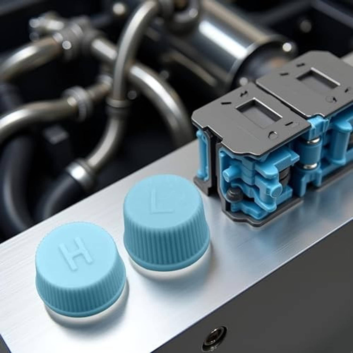 Light blue A/C valve caps on metal service surface; ribbed sides with H symbol