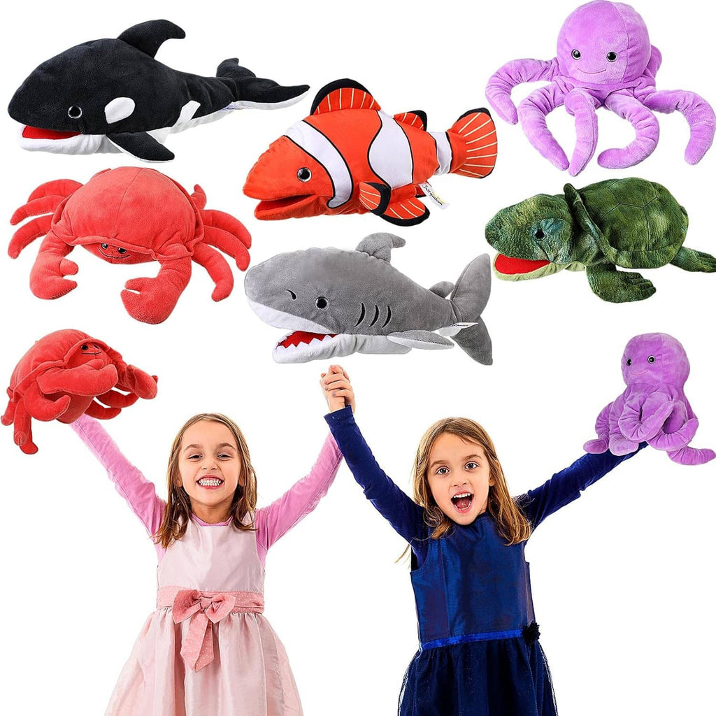 Set of 6 animal hand puppets: black shark, orange clownfish, purple octopus, turtle, crab, whale