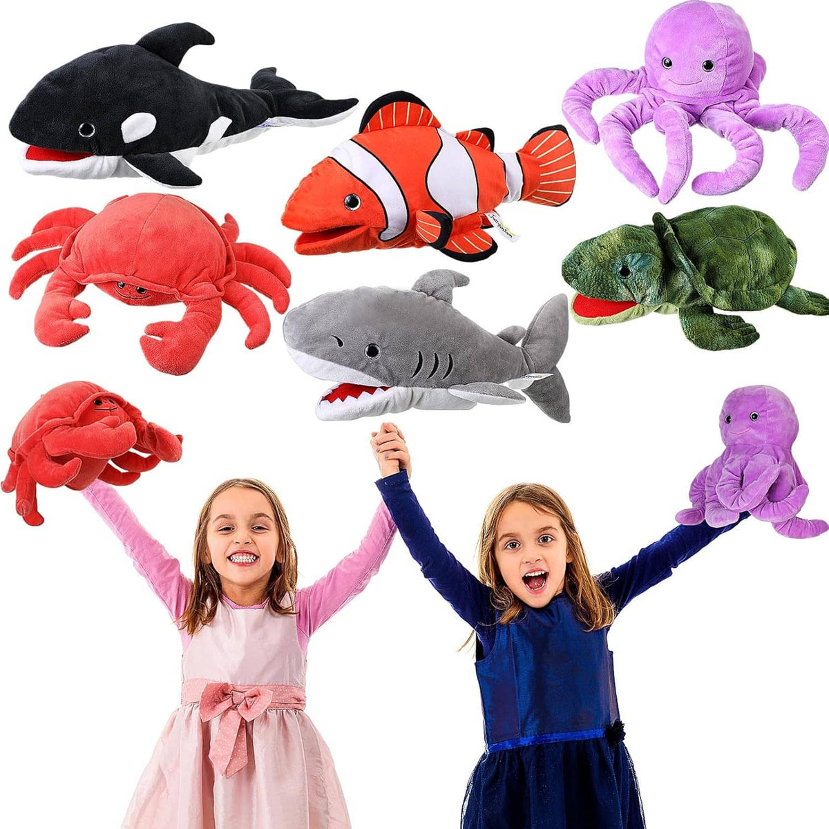 Set of 6 animal hand puppets: black shark, orange clownfish, purple octopus, turtle, crab, whale
