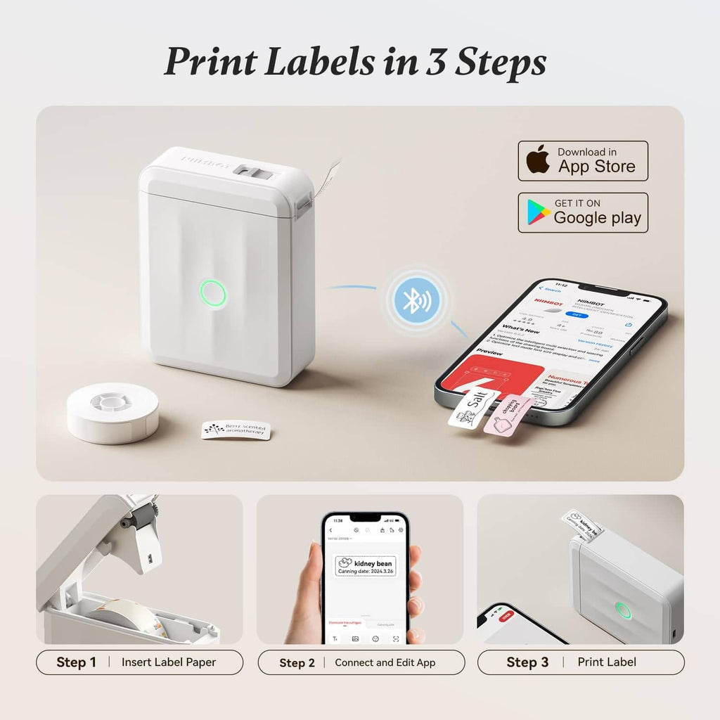 White Bluetooth thermal label maker shown with smartphone app and label paper