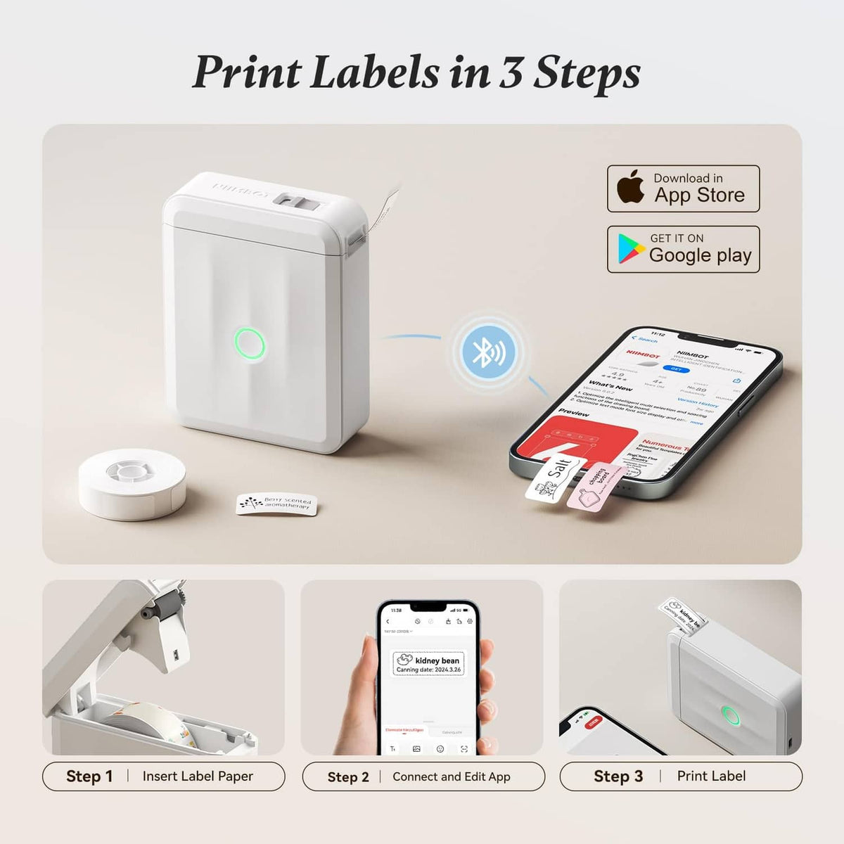 White Bluetooth thermal label maker shown with smartphone app and label paper
