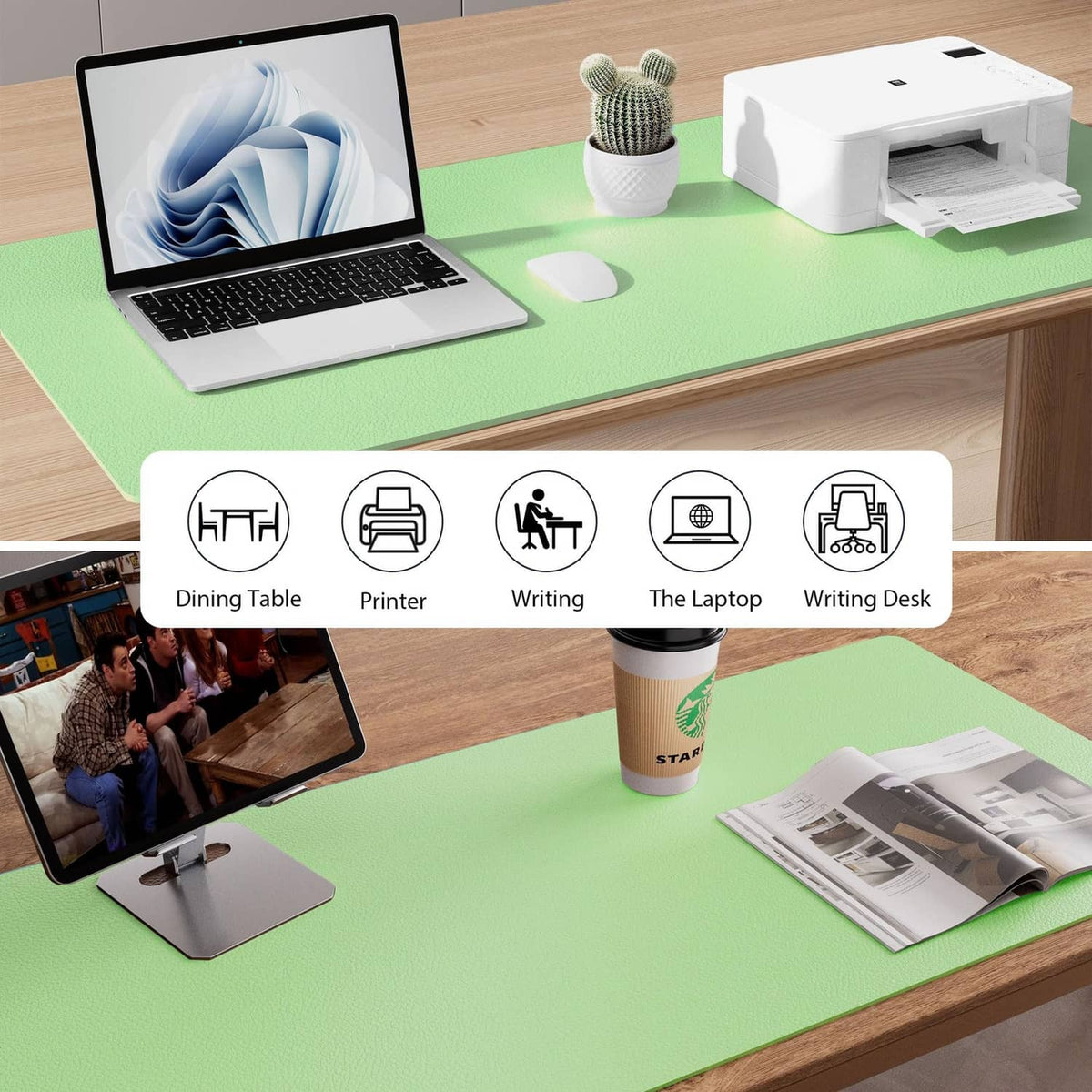 Green desk pad protector on workspace desk, provides clean surface for devices