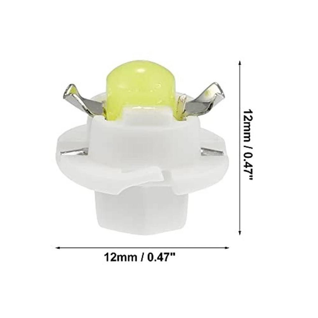 T5 LED dashboard bulb with white housing, lime LED chip, and metal side clips; 12mm