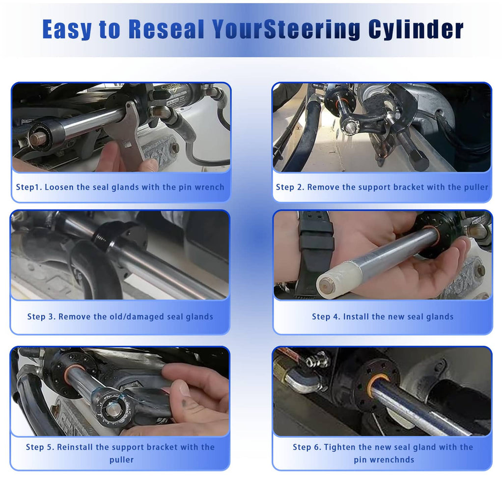 Hydraulic steering cylinder reseal kit with seal glands and installation tools for steering cylinder