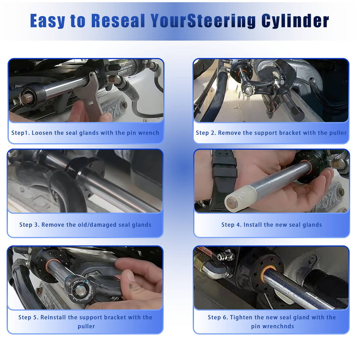 Hydraulic steering cylinder reseal kit with seal glands and installation tools for steering cylinder