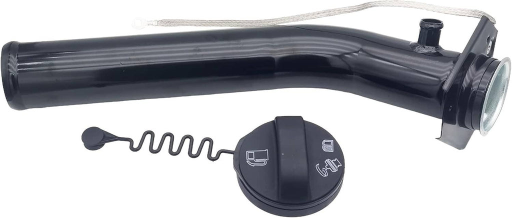 Curved black fuel filler neck hose with cap and coiled spring