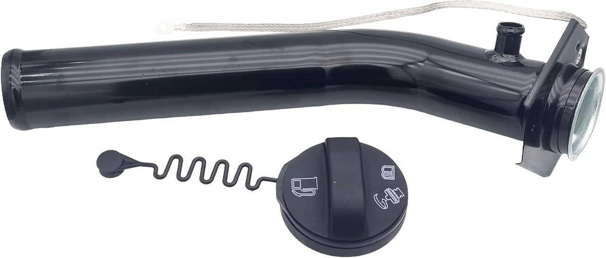 Curved black fuel filler neck hose with cap and coiled spring