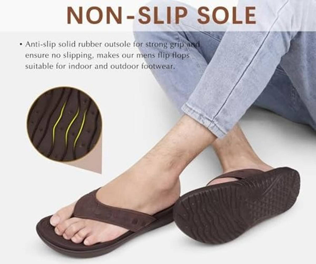 Brown men’s thong flip-flops with non-slip rubber outsole and textured tread