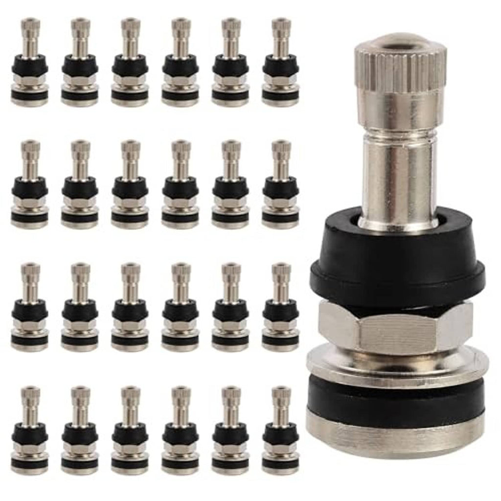 Brass tire valve stem with black rubber base, with multiple matching valve caps