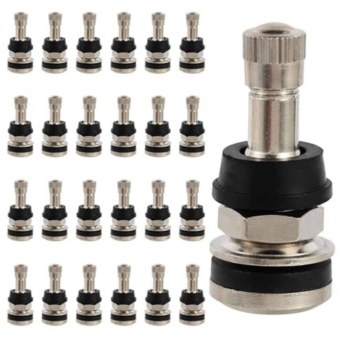 Brass tire valve stem with black rubber base, with multiple matching valve caps