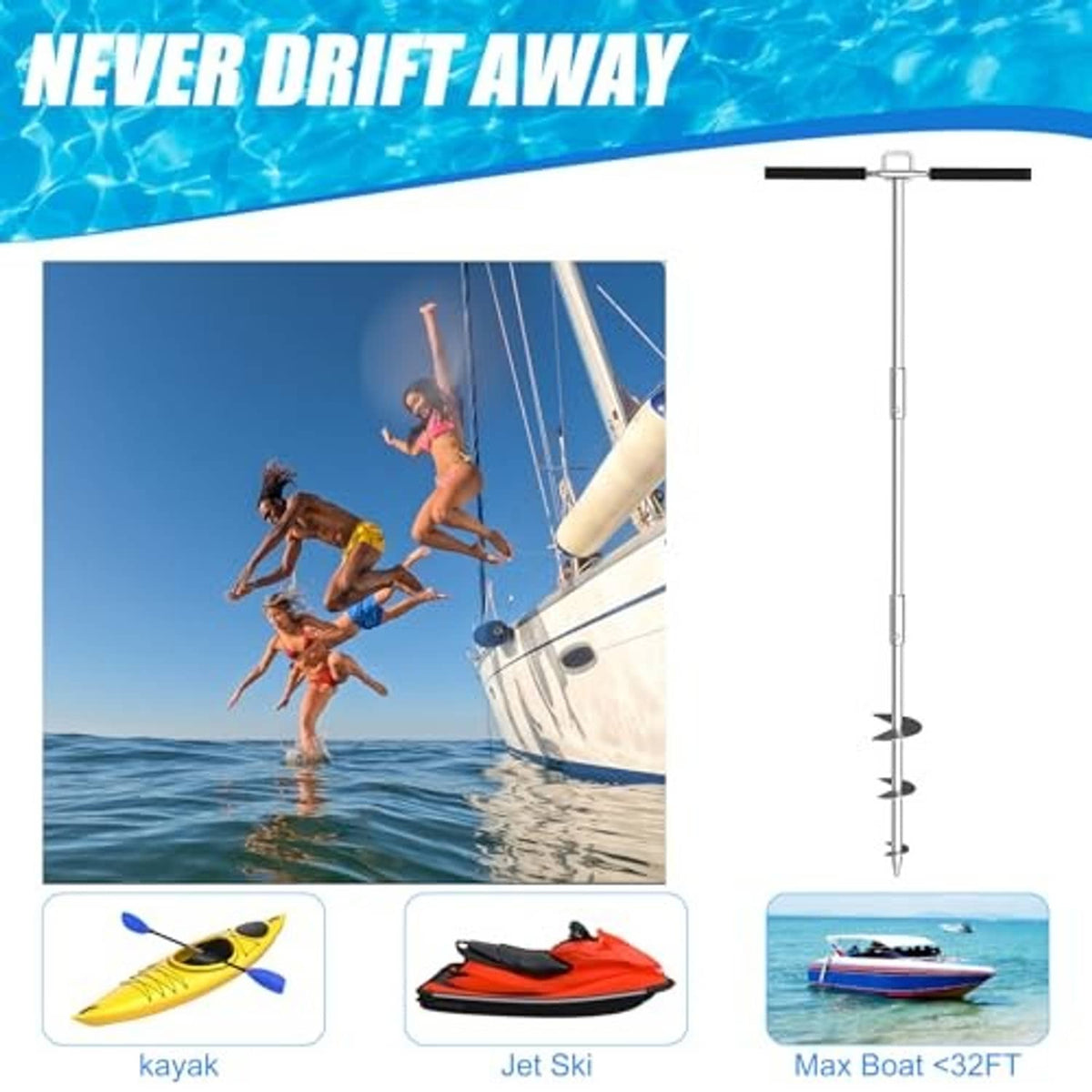 Stainless steel sand anchor with spiral auger and foam-grip removable handle