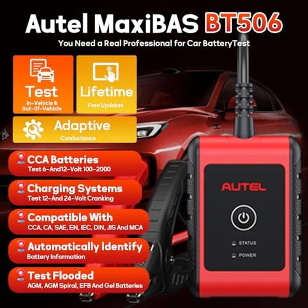 Red Autel MaxiBAS battery testing tool with clamp leads and power/status buttons