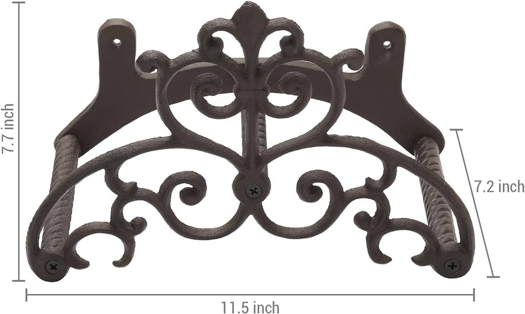 Decorative cast iron hose hanger with side mounting plates and scroll crest detail.