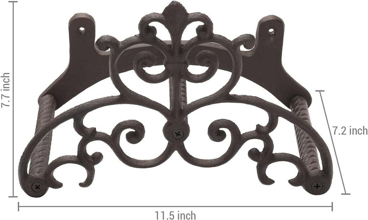 Decorative cast iron hose hanger with side mounting plates and scroll crest detail.