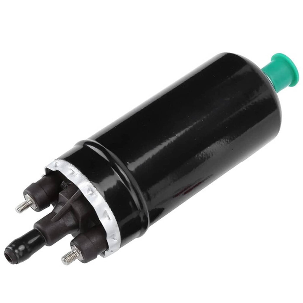Inline electric fuel pump with black canister, green inlet, and twin threaded outlets