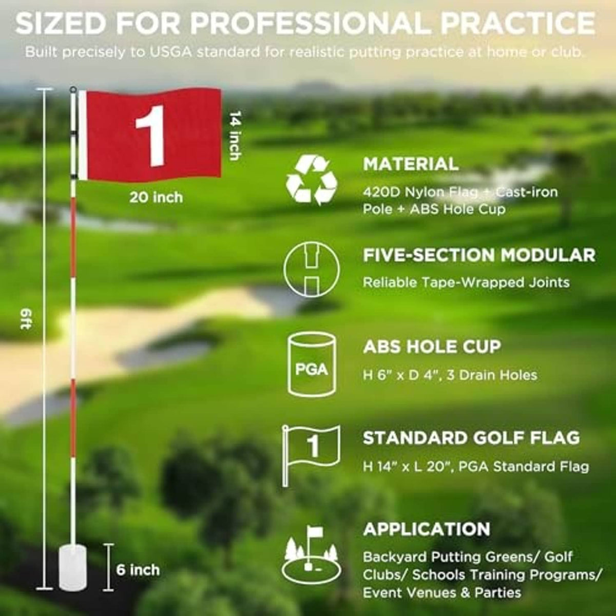 Golf flagstick set with red number 1 flag on white pole and ABS hole cup