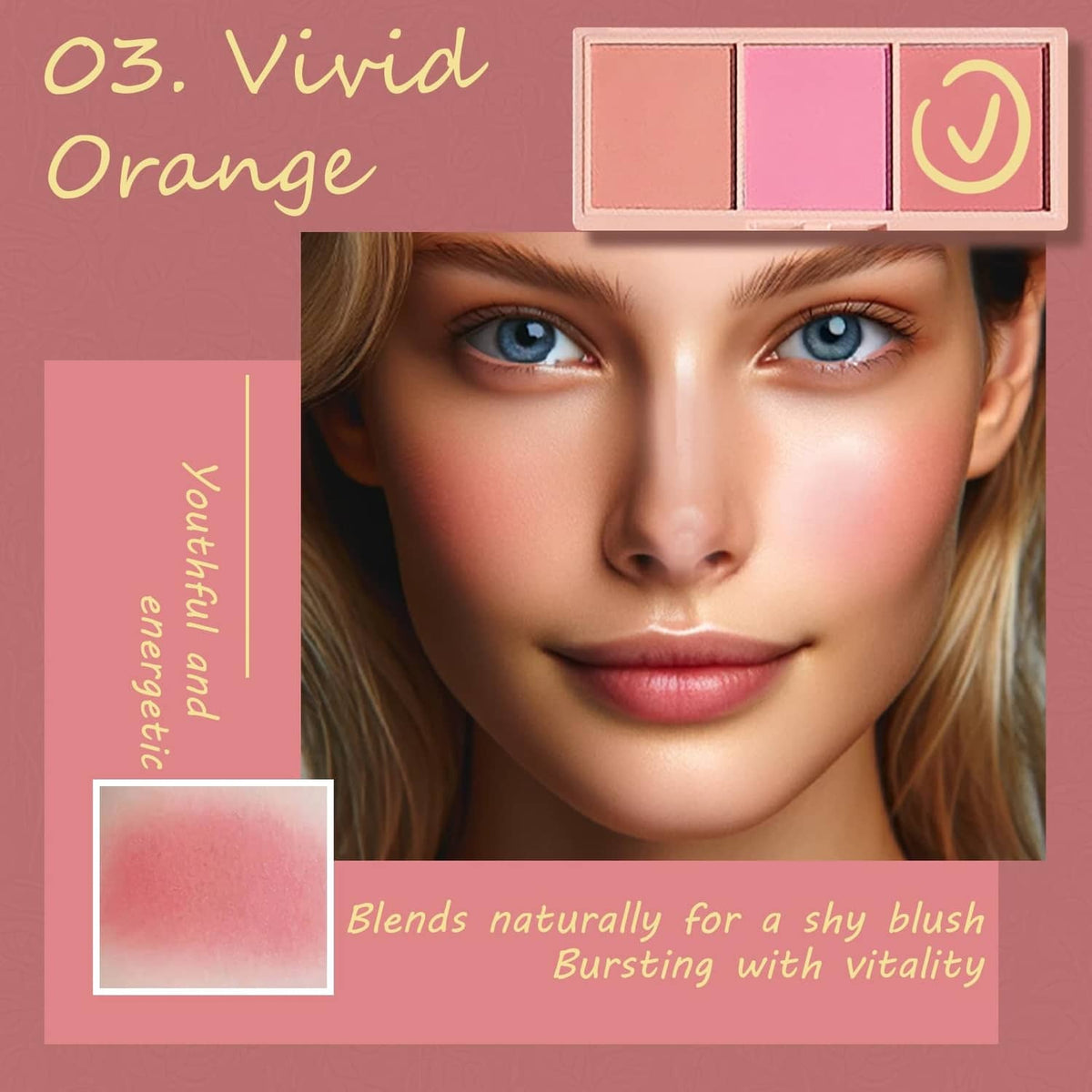 Matte pink blush palette with three shades and compact mirror, includes blush brush