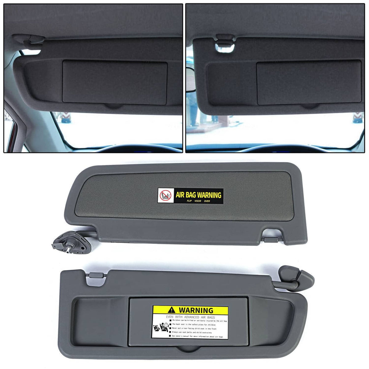 Dark gray sun visor set with Air Bag warning labels in closed and mounted views