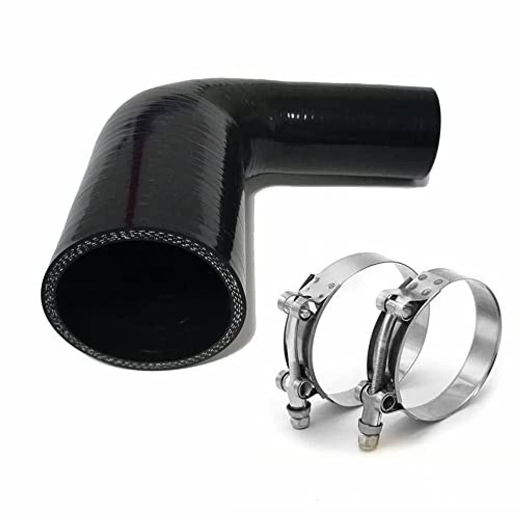 Black 90-degree silicone hose reducer elbow and stainless steel clamp pair