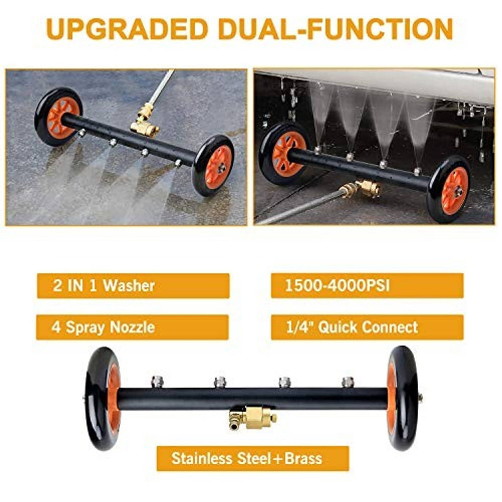 Undercarriage washer attachment with brass fittings, dual wands, and orange wheels