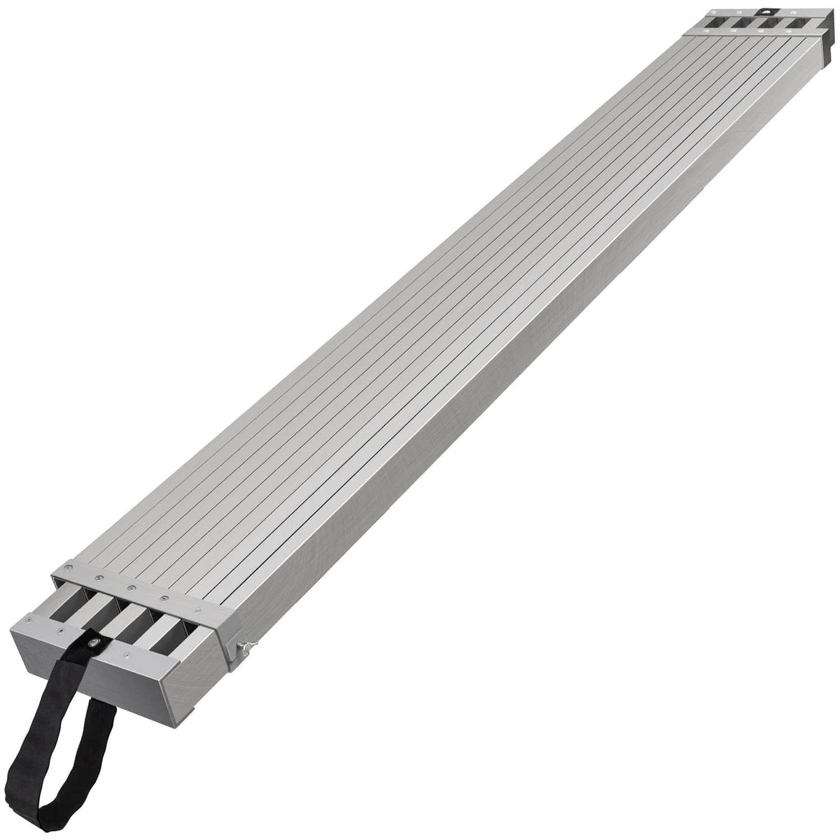 Ribbed aluminum scaffold plank with black securing straps and end brackets