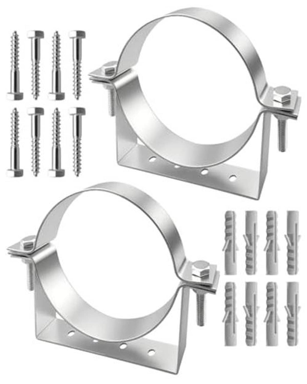 Rigid split ring pipe hanger set with two metal brackets and mounting screws
