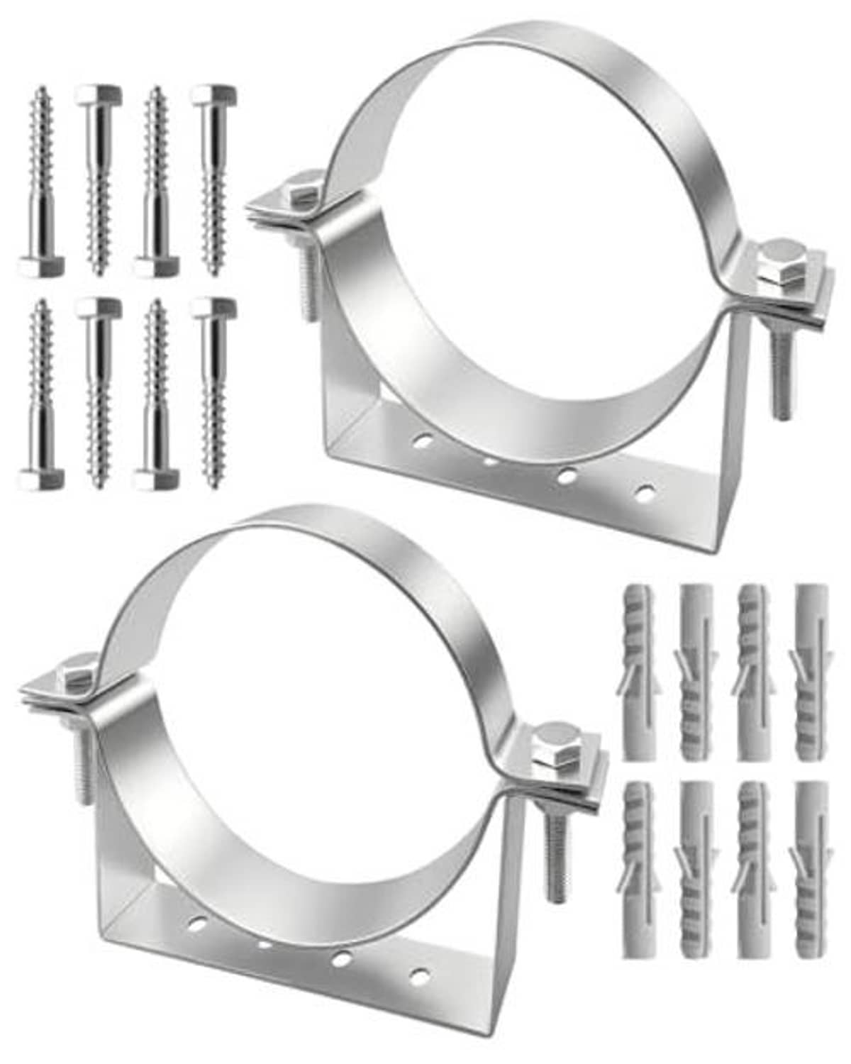 Rigid split ring pipe hanger set with two metal brackets and mounting screws