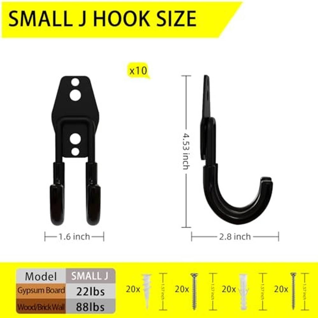Small J hook size diagram showing a black garage hook and curved 2.8 in arm