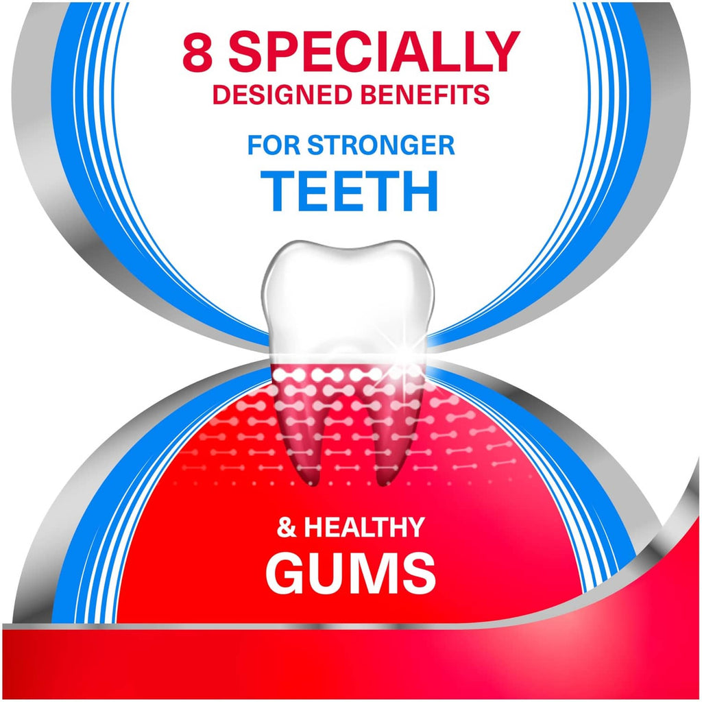Tooth and gums benefit graphic for strengthening teeth and reducing gum issues