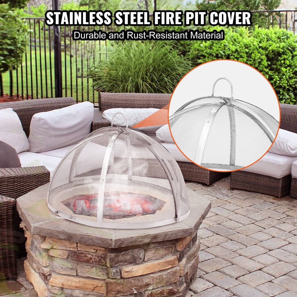 Stainless steel round fire pit spark screen cover with dome mesh over burning wood